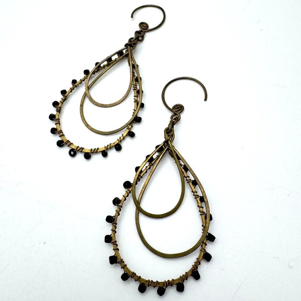 Handmade Nepal Brass Black Bead Teardrop Dangle Earrings Wire Wrapped Accents
